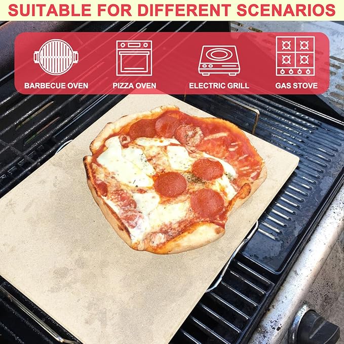 Universal Extra Large Pizza Stone with Rack for Oven, BBQ Grilling, 12" x 15" Natural Cordierite Rectangular Baking Stone Kit with Pizza Peel & Plastic Scraper for Baking Bread, Baking Pizza, Cookies