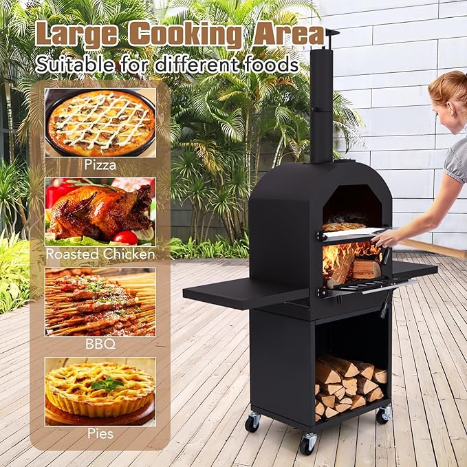 HAPPYGRILL Outdoor Wood Fired Pizza Oven w/Firewood Storage, Side Shelves, Patio Pizza Maker wi/Pizza Stone & Peel, 2 Cooking Grills & Thermometer, Portable Pizza Stove for Backyard Party Camping