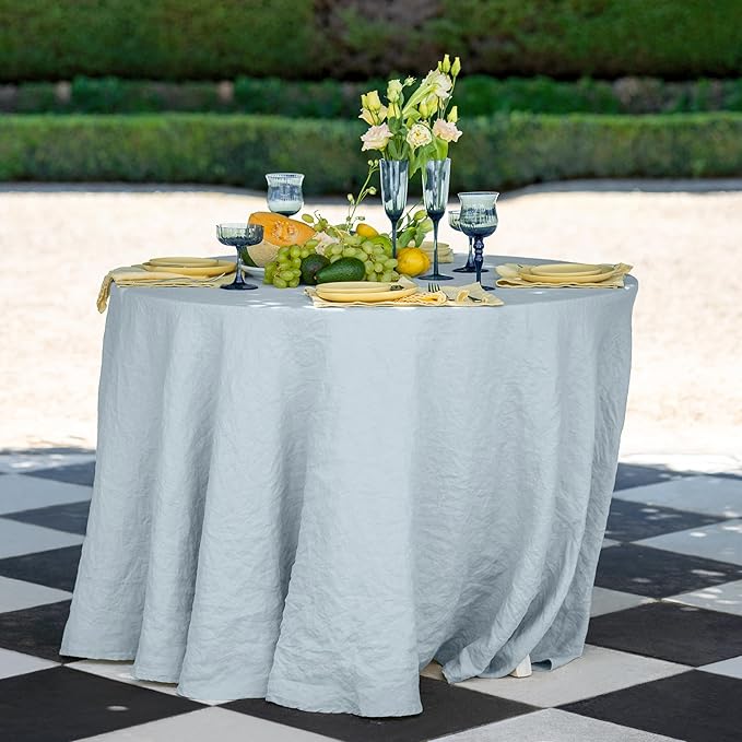 Linen World Blue Linen Tablecloth - 100% French Linen Round Tablecloth 90" Inch, Washable Natural Tablecloth for Dining, Outdoor, Weddings and Restaurants, Decorative Valentine Easter - Mist Blue