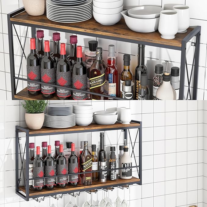 Dokser Wine Rack Wall Mounted Shelf - 2 Tier, Rustic Wood & Industrial Iron Frame Wine Bottle Holder for Kitchen, Dining Room, Home Bar Decor (Brown)