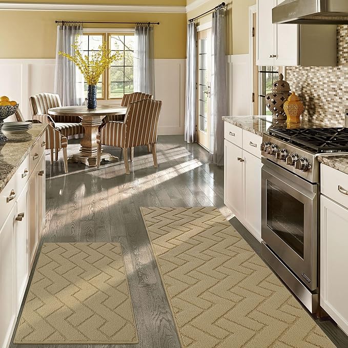 hicorfe Kitchen Rugs and Mats Sets,2 Pieces Super Absorbent Polypropylene Non-Slip Rug,Soft Comfort Floor Mat,Machine Wash for Kitchen,Hallway,Office,Sink,Laundry(20" x 31.5" Plus 20" x 48",Beige