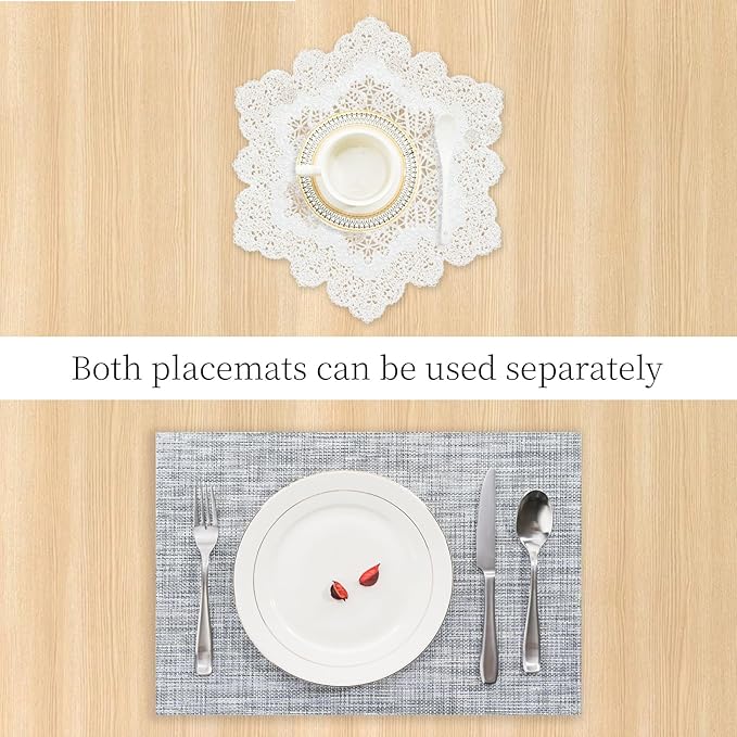 BACKTOEDEN Placemats Set of 4 Heat Resistant Washable Wipeable Placemat Woven Non-Slip Foldable Vinyl/Plastic Place Mats Indoor/Outdoor Mat Kitchen Dining Table Pad, White Snowflake & Gray