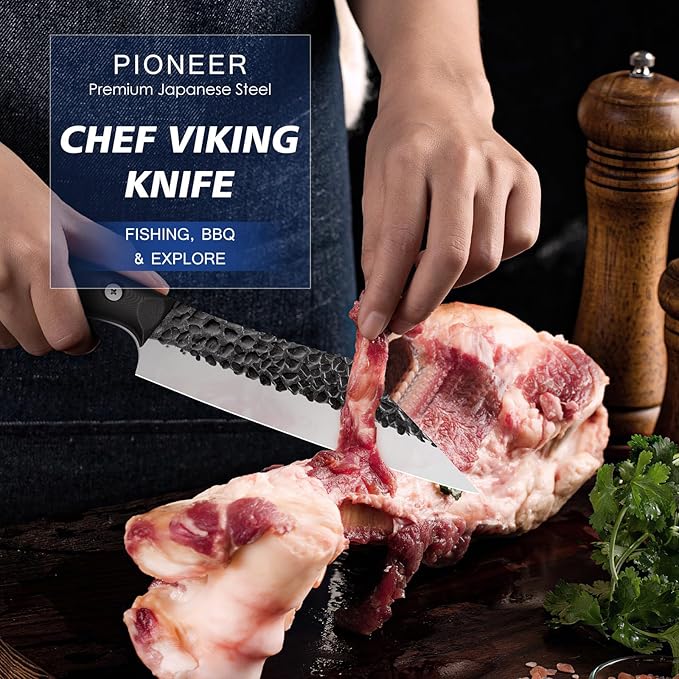 FINTISO Chef Knife 7 inch Kitchen Knife Japanese Style Boning Knife for Meat Cutting Sharp Viking Knife with Full Tang G10 Handle Butcher Knife for Home, Camping, BBQ