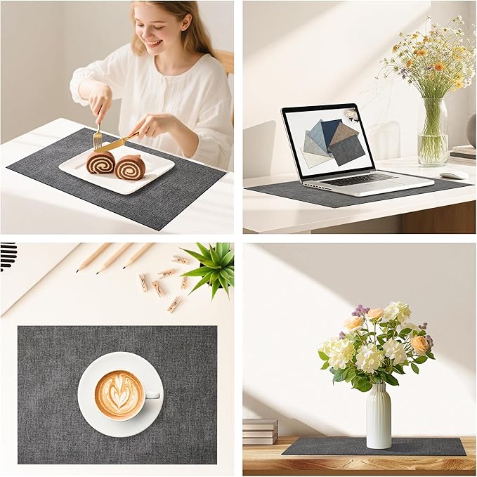 DOLOPL Placemats Set of 12, Reversible Wipeable & Heat Resistant Place Mats, Modern Faux Leather Table Mats for Kitchen, Neutral Waterproof Tablemats for Dining Table Decor, Wedding, Party(Charcoal)