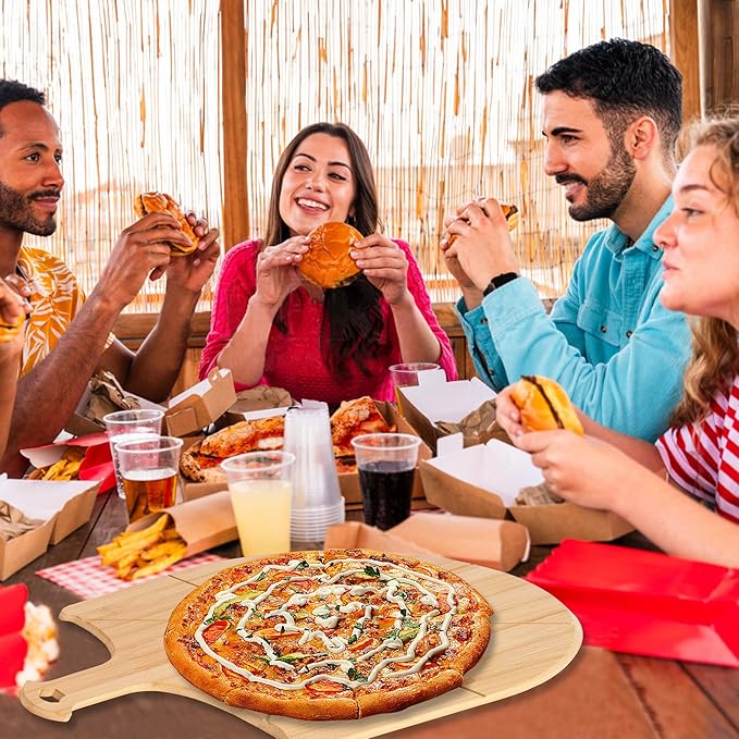 Pizza Peel Wooden, 2 Pack of 12 Inch Pizza Spatula Wood Non-Stick, Bamboo Pizza Paddle as Cutting Board with Cutting Grooves for Easy Pizza and Bread Making