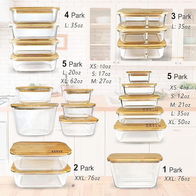 Urban Green Glass Containers with Bamboo Lids, Aitight Storage Container Set of 4, Meal Prep Food Container Set, Oven, Freezer, Microwave Safe, 35oz