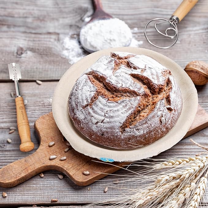 Banneton Bread Proofing Basket Set of 2, 9 Inch Round Sourdough Proofing Basket, Sourdough Starter Kit, Sourdough Bread Baking Supplies with Dough Scraper, Danish Dough Whisk, Bread Lame, Bowl Scraper