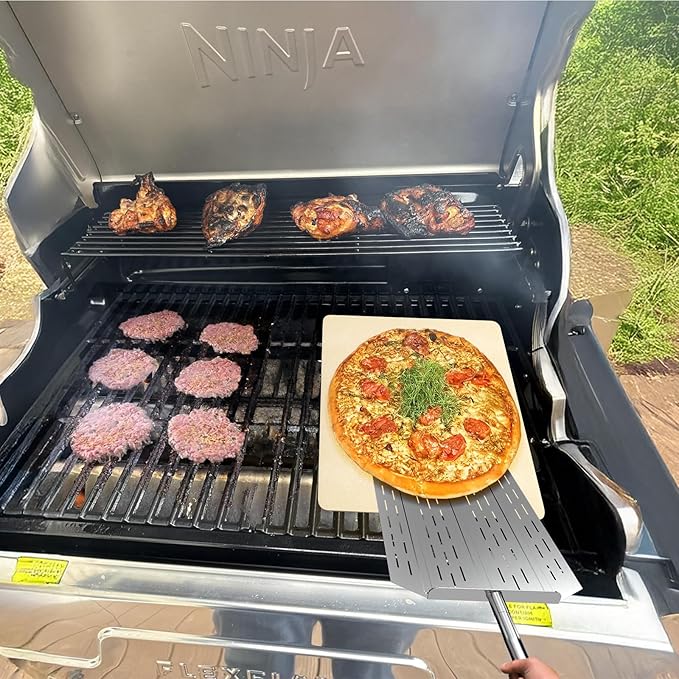 16 Inch Square Pizza Stone for Ninja FlexFlame Grill and Oven, Universal Large Ceramic Stone with Pizza Peel & Plastic Scraper for Ninja Flex Flame Accessories, Kit for Cooking Bread, Calzones & More