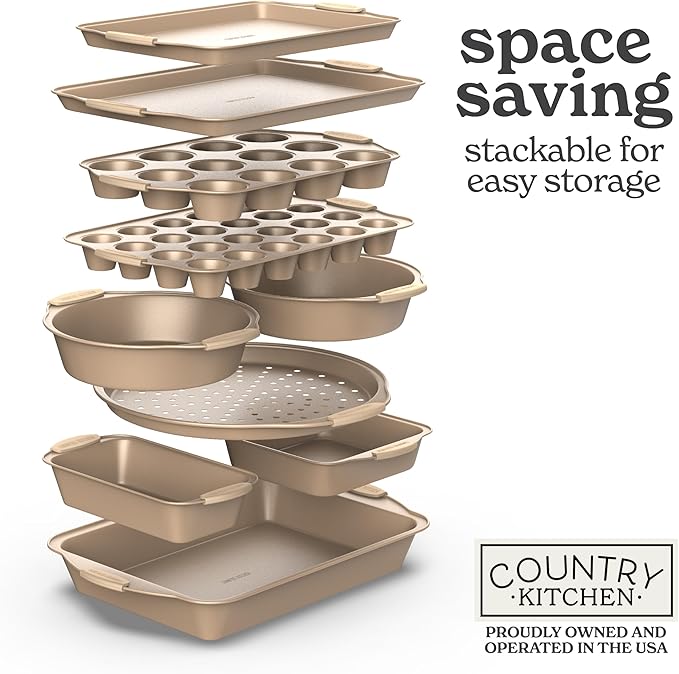 Country Kitchen Nonstick Stackable Bakeware Set - Heavy Duty, Durable, Easy Release Baking Set, Gold, 10 Pcs