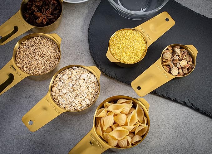 Set of 7 Heavy Duty Measuring Cups, 18/8 Stainless Steel with Ring Connector, Gold
