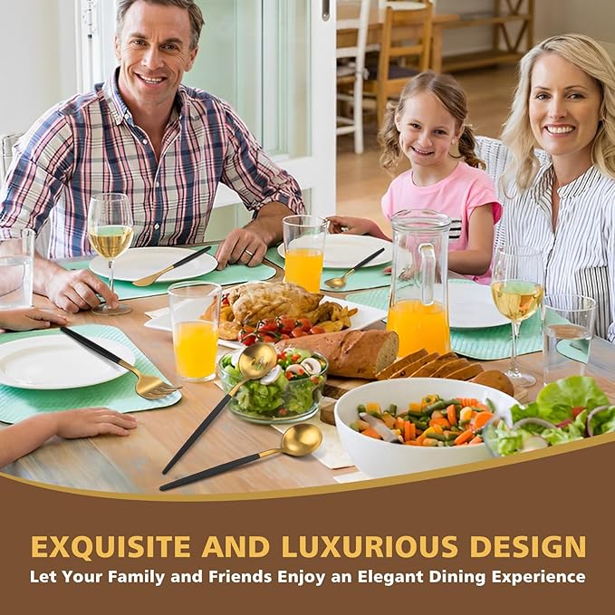 5-Piece Matte Black Gold Stainless Steel Large Hostess Set With Round Edge Satin Finish Dishwasher Safe - Large Serving Set Including Fork, Knife, Sugar Spoon And Slotted Spoon