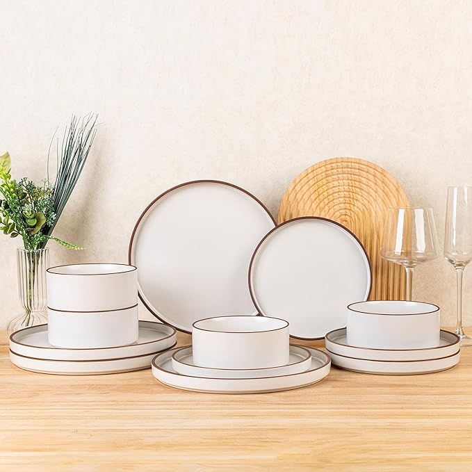 LERATIO Ceramic Dinnerware Sets for 4, High Edge Stoneware Plates and Bowls Set, Chip and Crack Resistant | Oven & Dishwasher & Microwave Safe Dishes Set, Service for 4 -Vanilla White