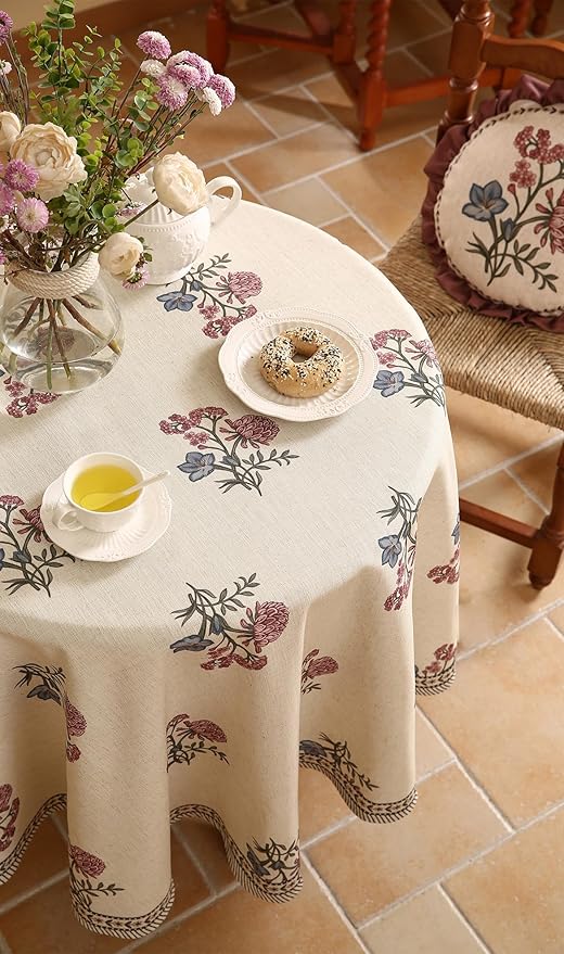 French Tablecloth for Round Tables,Linen Table Cloth with Colorful Flowers Pattern,Heavy Durable Table Cover for Dining Thanksgiving Kitchen Decor Party Christmas,Diameter 55"