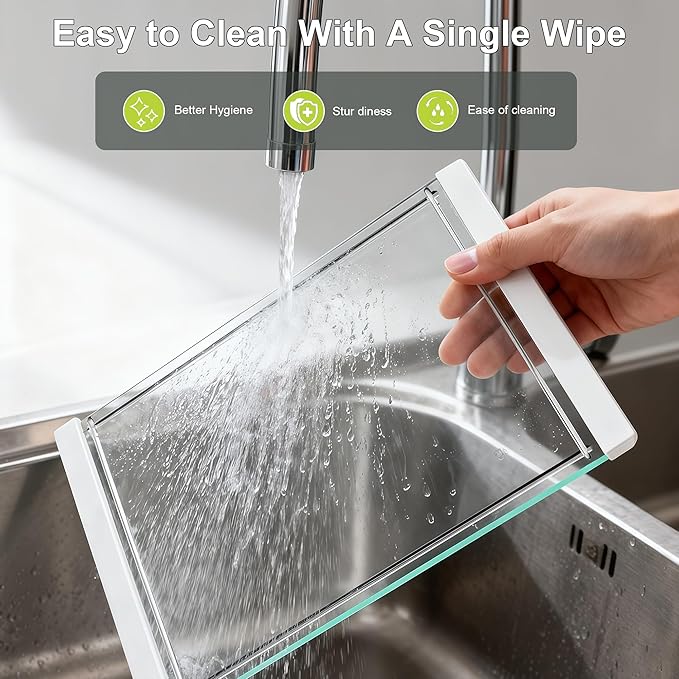 Tempered Glass Cutting Board with Juice Groove - 16x12 Inch Kitchen Cutting Board with Silicone Non-Slip Feet, Easy to Clean & Dishwasher Safe - Ideal for Vegetables, Fruits, Bread, Meats (White)