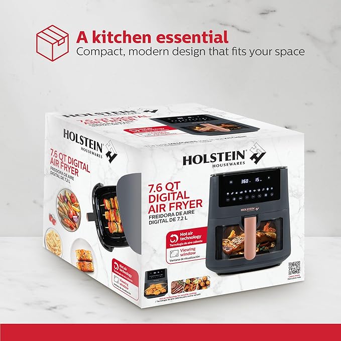 Holstein Housewares 7.6 QT Digital Air Fryer with Viewing Window – Family Size 8-in-1 Touchscreen LED Display, Less Oil Healthy Fry, Bake, Grill, Roast, Dehydrate & Keep Warm