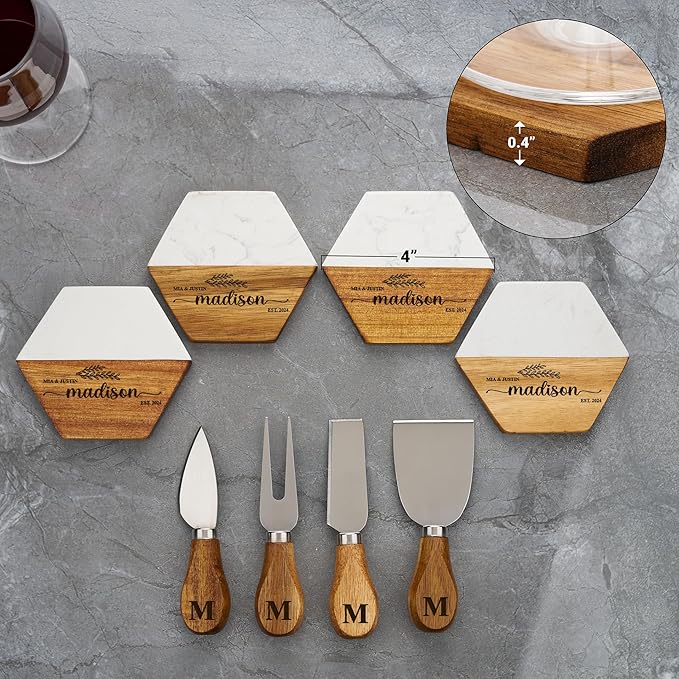 AWESOMETIK Personalized Marble & Acacia Wood Cheese Board – Custom Engraved Charcuterie Board with Knife Set – Gift for Couples