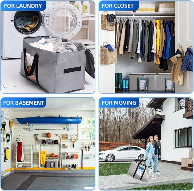 TAILI Extra Large Moving Bags, 4 Pack Silver Heavy Duty Totes for Storage with Visible Window, Wrap Around Handles, Space Saving Storage Bags for Moving Supplies, Alternative to Moving Boxes