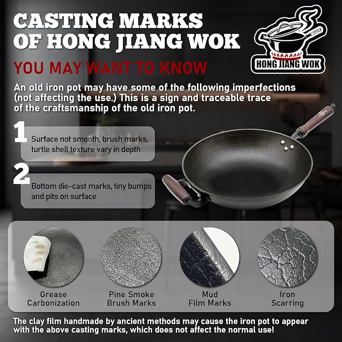 HONGJIANG Cast Iron Wok Pan, 14.2" Pre-Seasoned Flat Bottom Wok,Coating-Free Wok Stir Fry Pan With Glass Lid,Compatible Traditional Chinese Wok For Induction, Electric, Gas,Open Fire