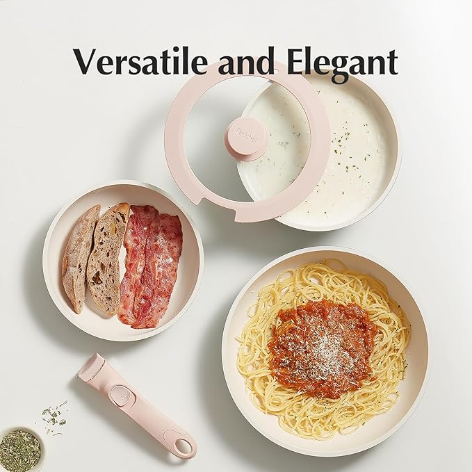 Redchef Pans and Pots Set Nonstick, Ceramic Cookware Set with Detachable Handles 16Pcs, Induction Dishwasher Oven Safe Kitchen Cooking Set, PFAS PFOA & PTFE Free, Pink