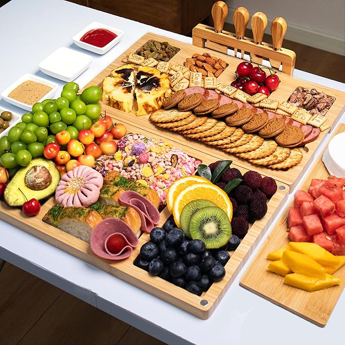 Charcuterie Board Set - Bamboo Cheese Board & Serving Tray with Stainless Steel Knives and Bowls, Housewarming Gifts New Home, Gift for Wedding Couple, Bridal Shower (NLB, 01)