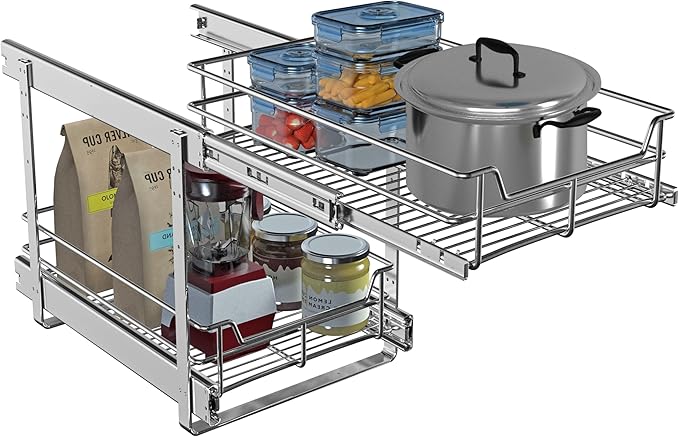 2 Tier Pull Out Cabinet Organizer (11"W x 22"D), Roll Out Shelves and Drawer for Kitchen Pantry Storage Basket, Heavy-Duty Metal Sliding Shelf