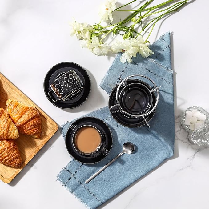 Sureasy Ceramic Espresso Cups Set of 4 – 4 oz Black Stackable Cappuccino Cups with Saucers and Metal Stand, Embossed Mugs for Latte, Mocha, Tea, and Specialty Coffee