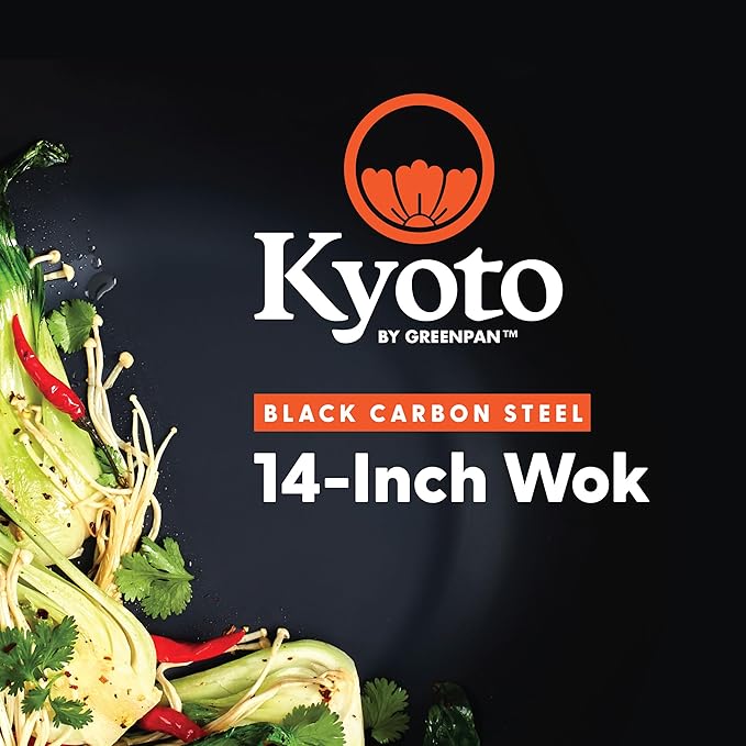 GreenPan Carbon Steel Wok 14”, Flat Bottom, Durable Stir-Fry Pan, Pre-Seasoned Ready to Use, High Heat Retention, Induction, Ash Wood Handle, Kyoto, Black