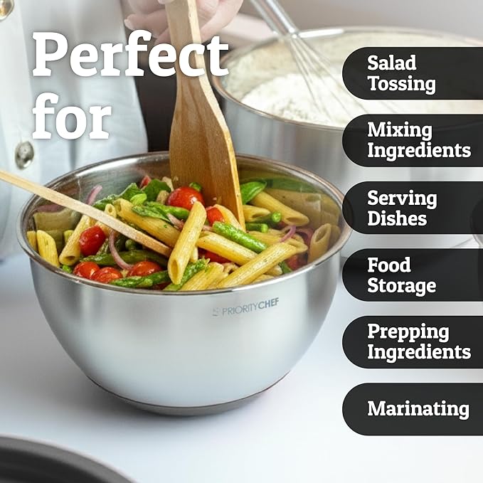 Priority Chef Stainless Steel Mixing Bowls with Lids Set, Metal Nesting Bowls with Airtight Lids, Graters, Non-Slip Base & Measurement Marks, Includes Utensil Set for Prep, Baking & Storage, Grey