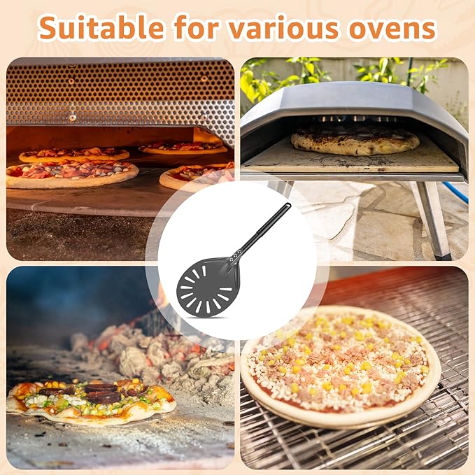 Pizza Turning Peel with Long Handle Aluminum Pizza Peel Spinner Perforated Pizza Turner Spinner Non-Stick Pizza Paddle 15.7×5.9×8.46 Inch Scratch Resistant Pizza Peel Paddle for Home Oven (1, Black)