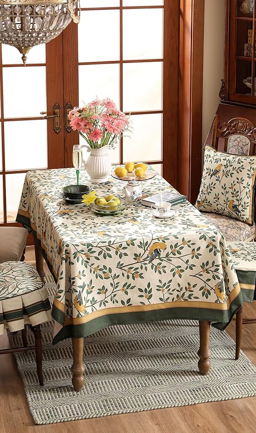 patdrea Designer French Floral Table Cloth Square Table,Yellow Brids Fresh Green Leaves Pattern Linen Spring Summer Tablecloth,Decor Kitchen Dining Holiday Banquet Christmas,55"*55"