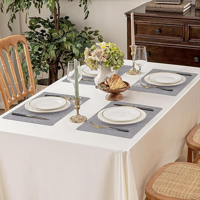 Romanstile Vinyl Placemats Set of 8-12 X 18 Inch - Heat Resistant Non-Slip Embossed Floral Place Mats 100% Waterproof Oilproof Wipeable Faux Leather Table Mats for Kitchen/Dining/Party, Grey