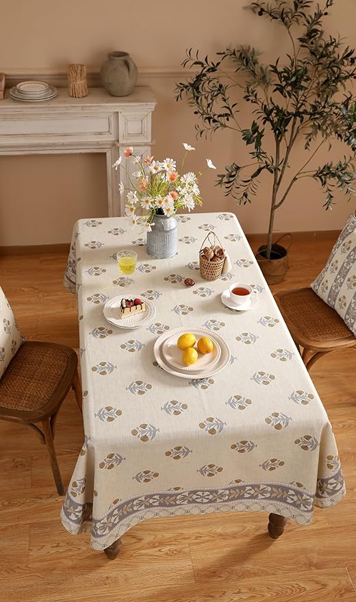patdrea Designer Beige Tablecloth for Rectangle Tables,Vintage Linen with Yellow Flowers Pattern Tablecloths,Rustic Floral Table Cover Cloth Decor for Kitchen Dining Christmas,55"*79"