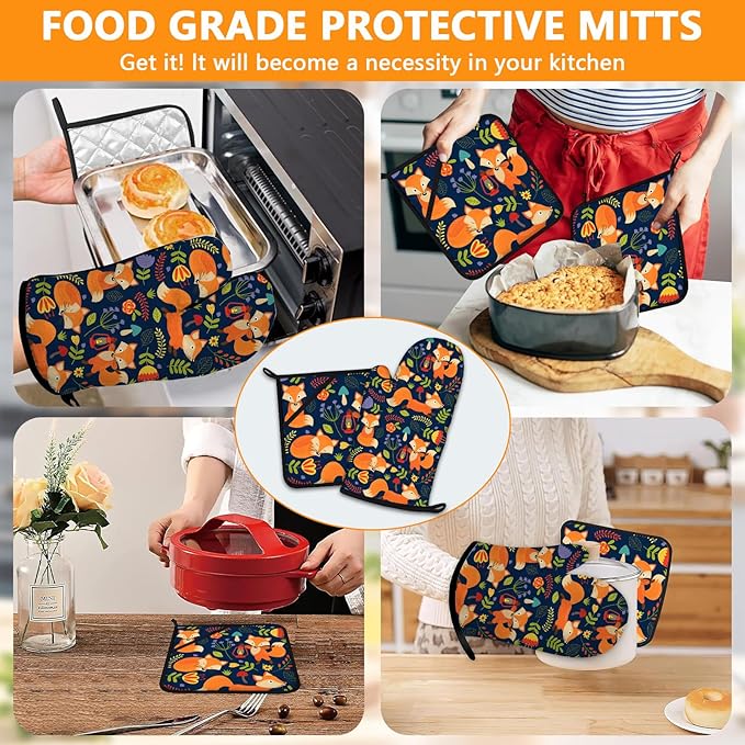 Cute Fox Oven Mitts and Pot Holders Sets 4Pcs,Extra Long Oven Gloves Potholder for Kitchen Cooking Baking BBQ 100% Cotton Heat Resistant