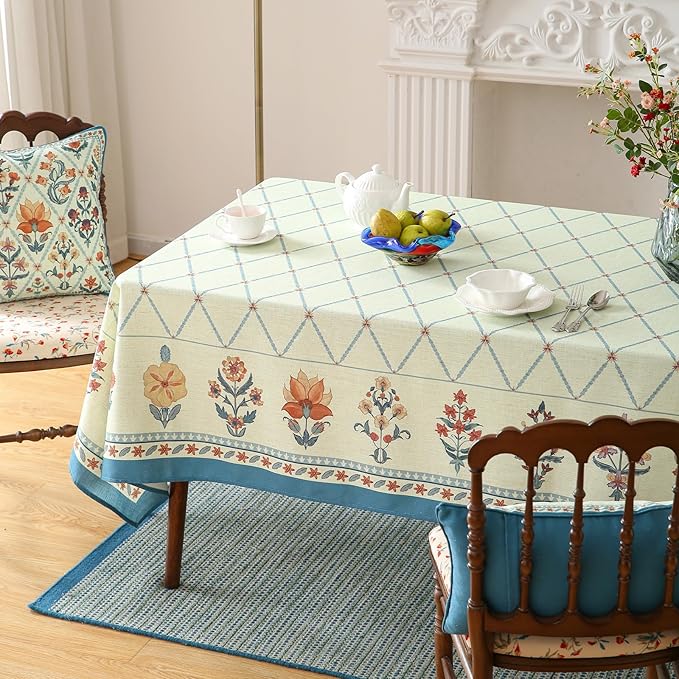 French Tablecloth for Rectangle Tables,Linen Table Cloth with Colorful Flowers and Leaves Pattern,Heavy Durable Soft Table Cover for Dining Kitchen Decor Party Christmas,55"*71"