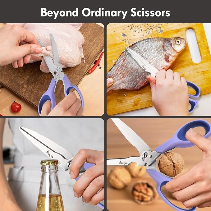 All Purpose Kitchen Scissors for Food and Heavy-Duty, Stainless Steel Cooking Shears for Chicken, Poultry, Meat, Herbs, Fish, Bones, Multi-Purpose Cooking Accessories with Cap and Sharpener