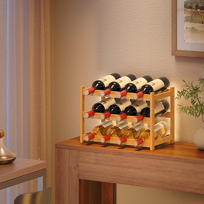 Wine Rack Countertop for 12 Wine Bottles, Small Bamboo Free Standing Racks Tabletop Display, Wooden Wine Storage Organizer for Cabinet Pantry Kitchen Bar Home Dining Room (Natural)