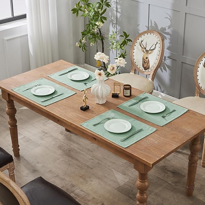 BALCONY & FALCON Placemats Set of 4 Faux Linen Cloth Place Mats Washable Waterproof Wrinkle Resistant Table Placemats for Dining Kitchen Farmhouse Indoor & Outdoor Use(Celadon Green, 13.8”x 17.7”