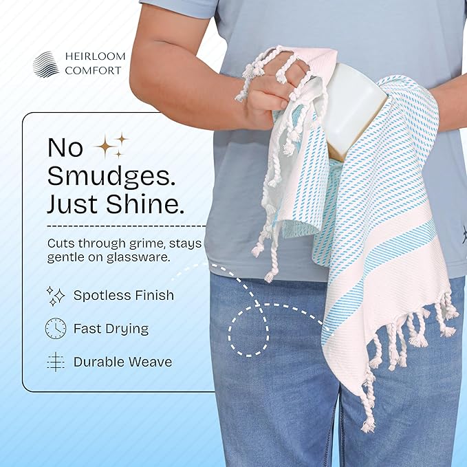 Aqua Blue Turkish Kitchen Towels 16x26 Inch, 5 Pack, 100% Cotton, Super Absorbent, Fast Dry, Machine Washable, Dish Towel with Tassels for Drying Dishes, Cleaning, Everyday Use