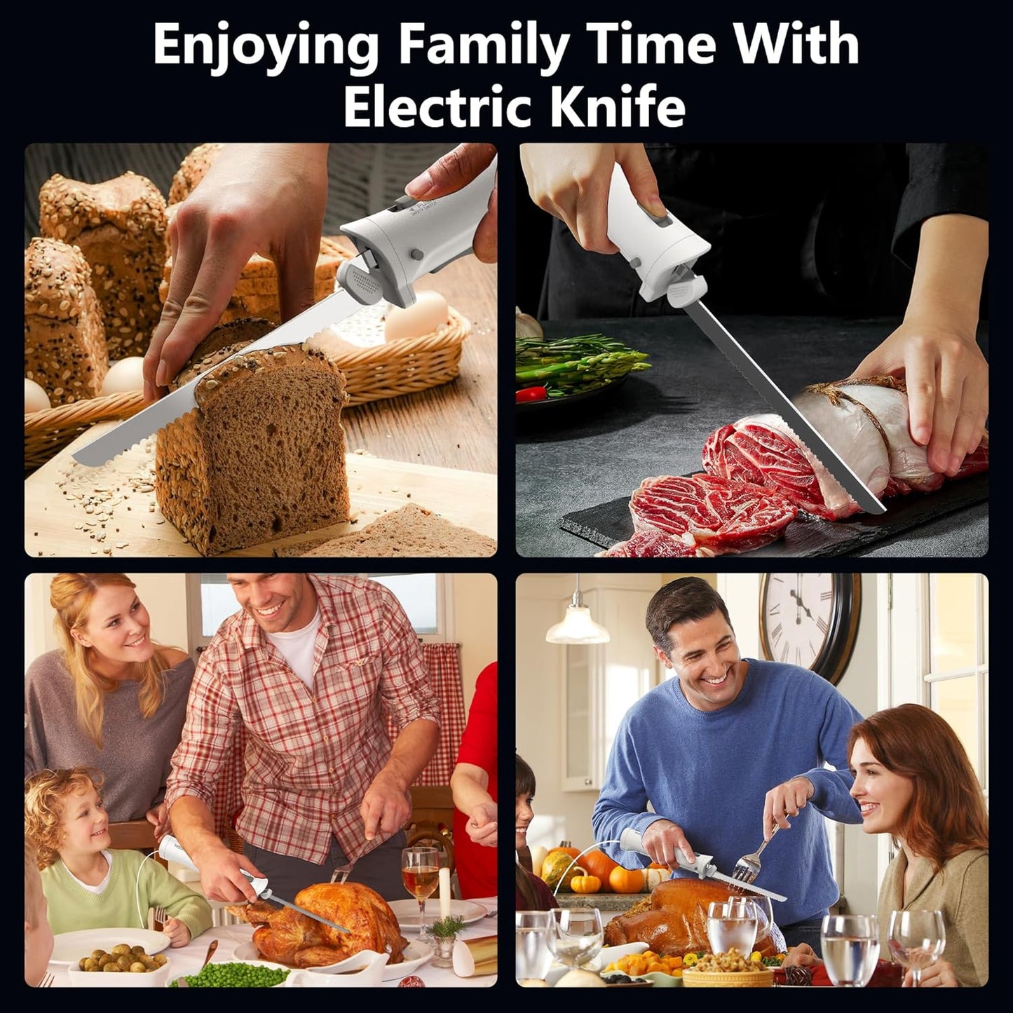Electric Knife for Meat Slicing, Electric Bread Knife with 4 Stainless Steel Blades, Electric Carving Knife for Meats, Poultry, Bread, Cheese & More (White)