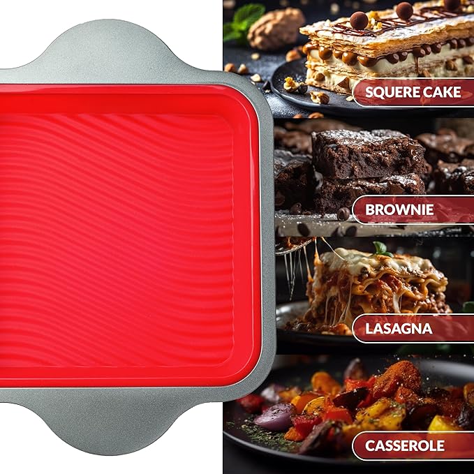Boxiki Kitchen Non-Stick Silicone 8x8 Square Cake and Brownie Pan with Easy Grip Steel Frame Handles - Easy to Release, Oven & Dishwasher Safe