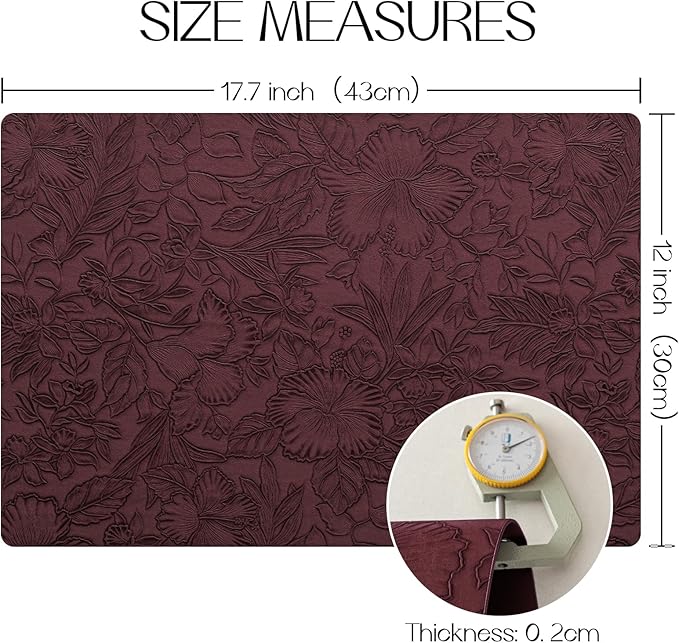 Romanstile Vinyl Placemats Set of 8-12 X 18 Inch - Heat Resistant Non-Slip Embossed Floral Place Mats 100% Waterproof Oilproof Wipeable Faux Leather Table Mats for Kitchen/Dining/Party, Burgundy
