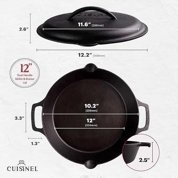 Cast Iron Skillet with Cast Iron Lid - 12"-Inch Dual Handle Frying Pan + Pan Scraper + Silicone Handle Holder Covers - Pre-Seasoned Oven Cookware - Use Indoor/Outdoor, Grill, Stovetop, Induction