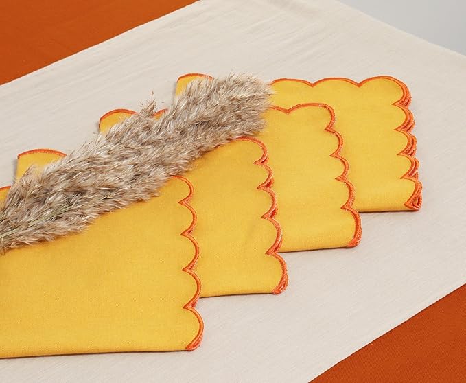 PurpleEssences Scalloped Embroidery Cloth Napkins Christmas Holiday Winter Table Decor 100% Cotton Set of 4-18 x 18 inch - Golden Yellow - Edges - Orange