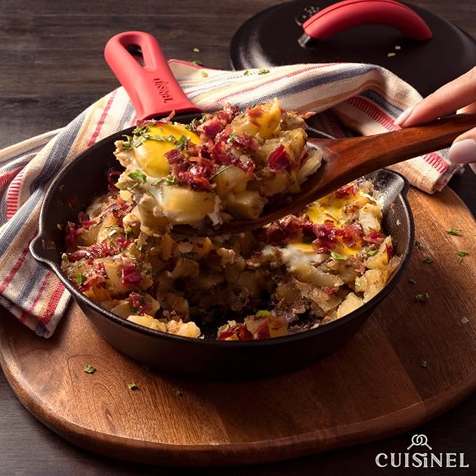 Cuisinel Cast Iron Skillet with Lid - 8"-inch Pre-Seasoned Covered Frying Pan Set + Silicone Handle and Lid Holders + Scraper/Cleaner - Indoor/Outdoor, Oven, Camping Fire, Grill Safe Kitchen Cookware