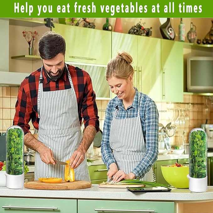 Herb Saver for Refrigerator, Herb Storage Container Cilantro Container for Fridge, Fresh Herb Keeper for Cilantro, Basil, Asparagus, Parsley, Keeps Greens Vegetables for 2-3 Weeks (2PCS)