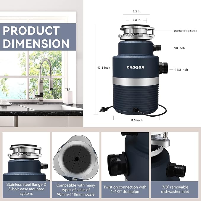 Garbage Disposal 1HP, Food Waste Disposal Continuous Feed, Garbage Disposal with Power Cord,Navy Blue…
