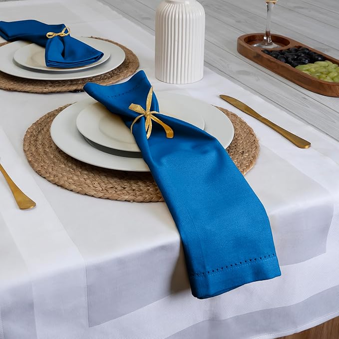 Blue Needles Set of 12 Hemstitch Linen Napkins 100% Cotton Royal Blue Cloth Dinner Napkins 18x18 inches, Soft, Reusable, Absorbent, Washable, Ideal for Fall Thanksgiving Events, Parties & Everyday Use
