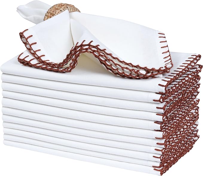 Bedding Craft Cotton Cloth Dinner Napkins Set of 12 – 18x18 Chili Oil Red Cloth Napkins with Blanket Stitch Selvedge – Washable Fabric Napkins for Wedding Tables, Banquets, Parties & Restaurants