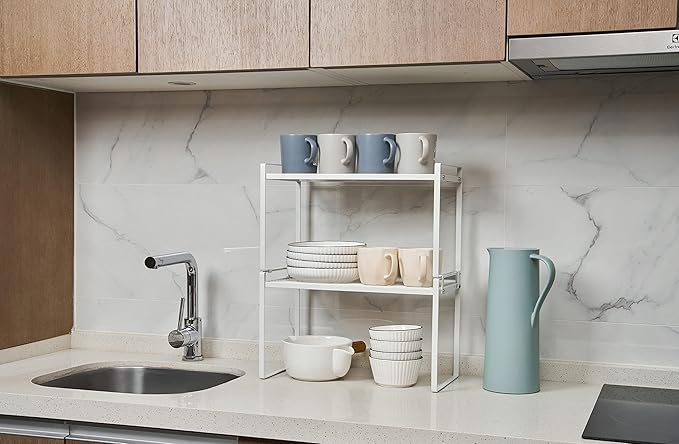 2Pack Cabinet Shelf Organizer Storage Rack Space Saving for Kitchen Counter Pantry Bathroom Cupboard Under Sink Office Table Steel Stackable Rust Resistant Heavy Duty Nonslip 16” White - Tall