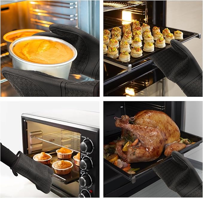 Hovico Silicone Oven Mitts, Heat Resistant 500F Kitchen Mitts 2PCS, 11.6" BPA-Free Soft Baking Gloves, Non-Slip Grip Oven Gloves with Soft Cotton Lining for Kitchen Cooking Baking BBQ - Black